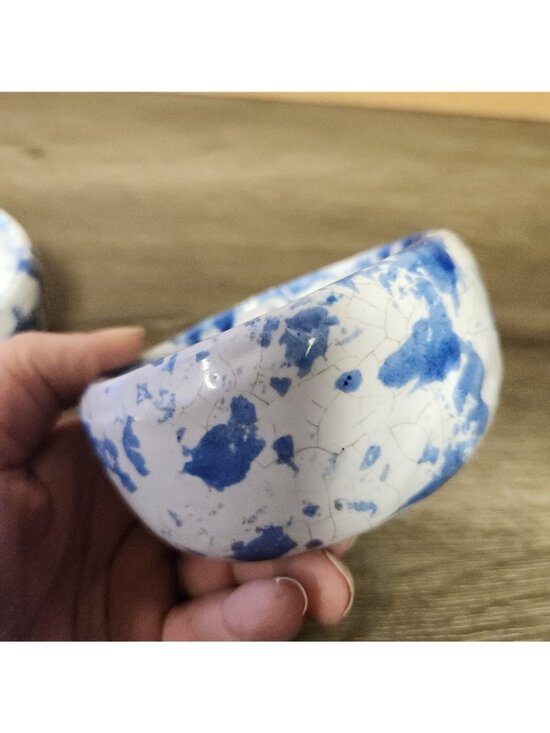 Vintage Bybee Pottery Kentucky Blue Spongeware 3.5" Bowls Signed KY Folk Art MCM - Picture 6 of 12